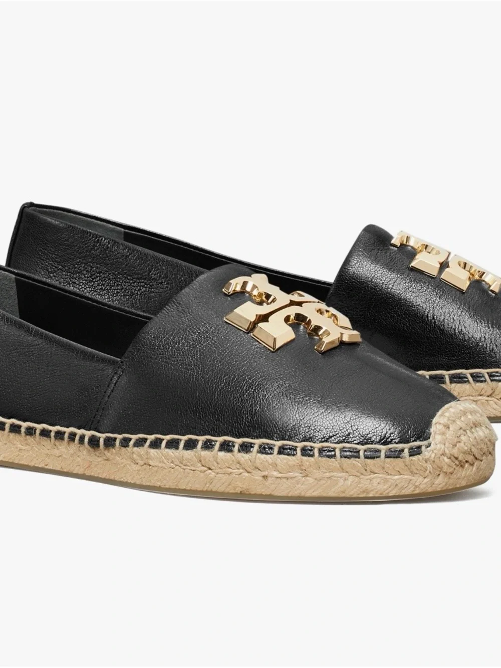 Tory Burch Black Leather Espadrille with Gold Logo Emblem